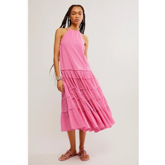 Free People Dresses & Skirts - Free People Somewhere Sunny Maxi Dress Women's Size M Pink Halter Beaded Tassels